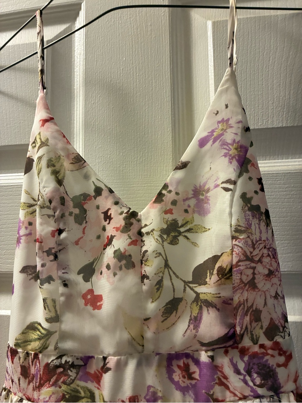 Miss Ave Backless Floral V-Neck Slip Dress - White with Pink & Purple Floral